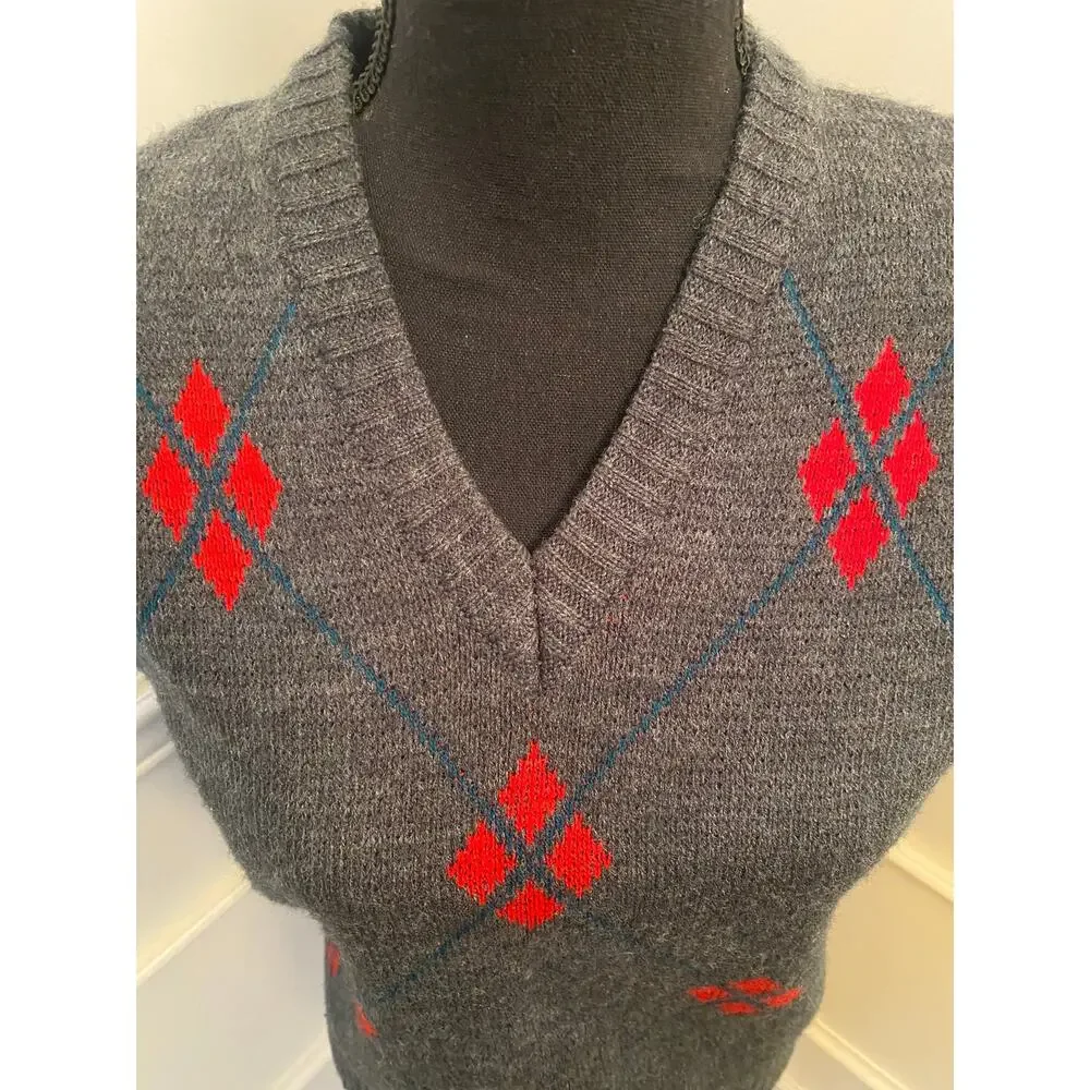 Vintage 80s The Fox Collection Argyle Sweater Vest V Neck Retro Preppy Style